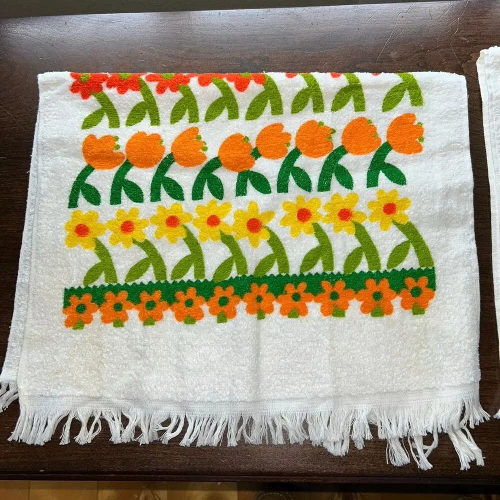 2 NOS vintage floral towels 1970s orange yellow green flower fringe edges retro